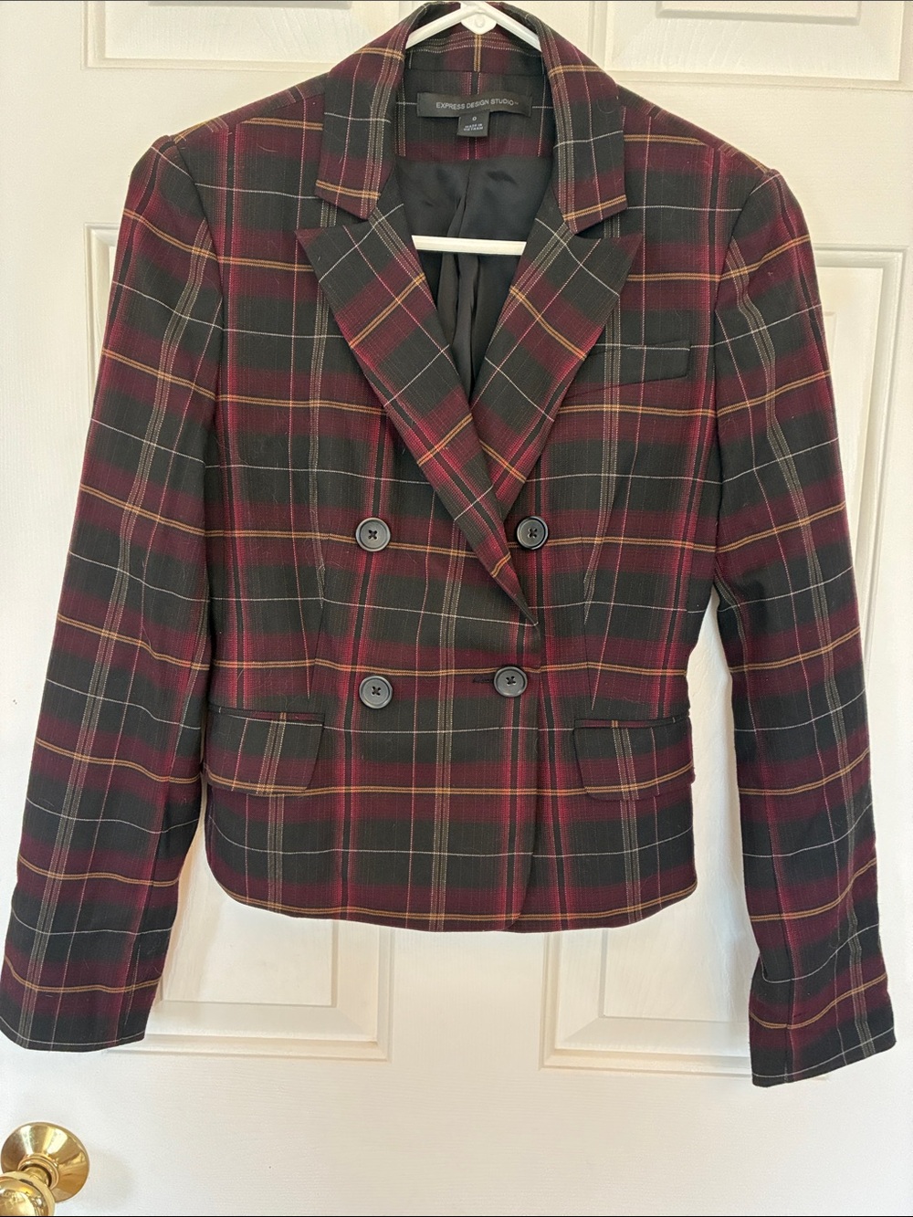 Express Blazer Burgundy and Black Plaid Double-Breasted Size 0